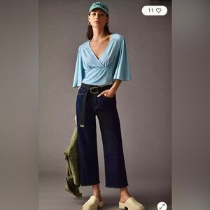 By Anthropologie Sky Blue V-Neck Wide Flowing Kimono Style Sleeves Blouse NWT